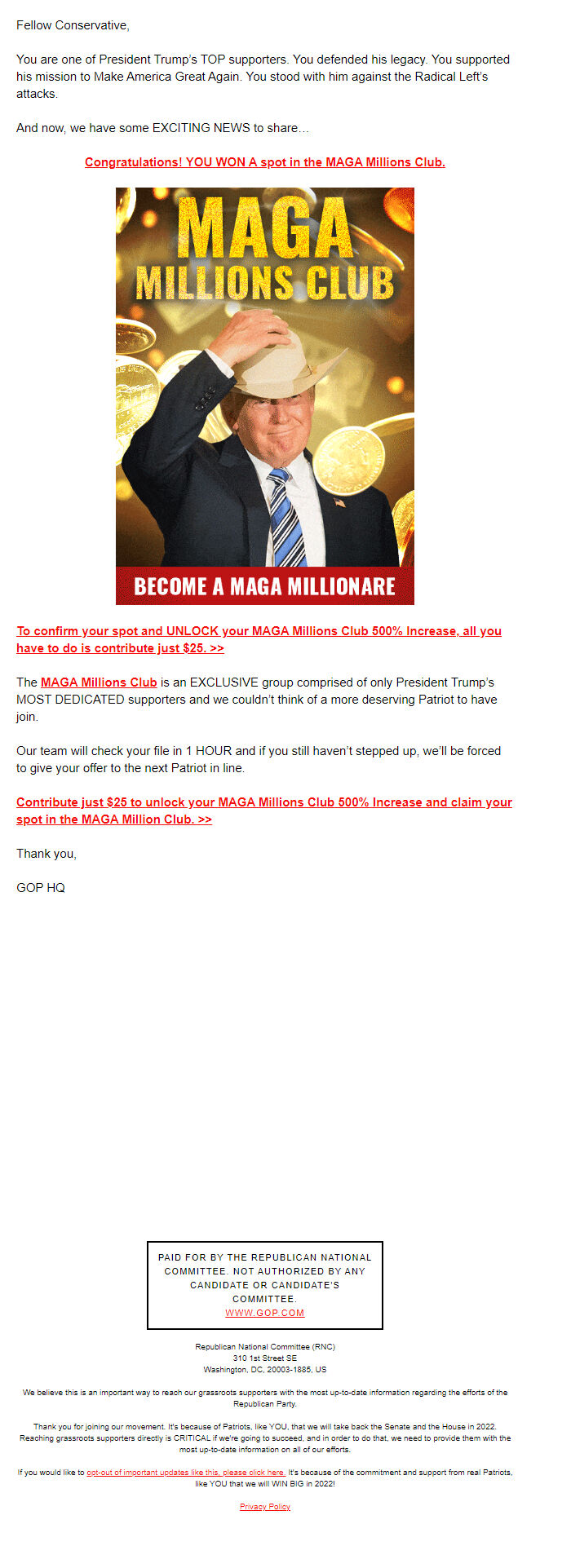 Screenshot of the email generated on import