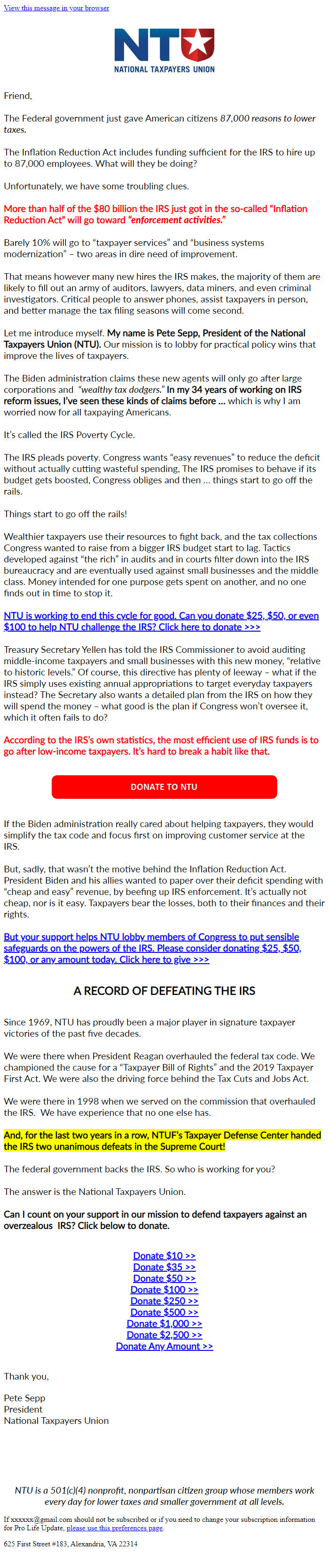 Screenshot of the email generated on import