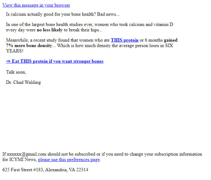 Screenshot of the email generated on import