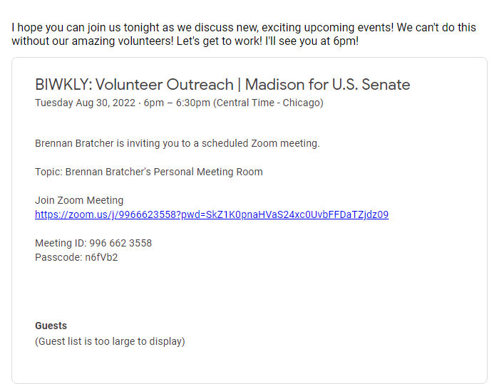 Screenshot of the email generated on import