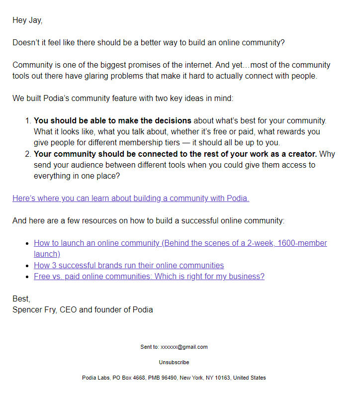 Screenshot of the email generated on import