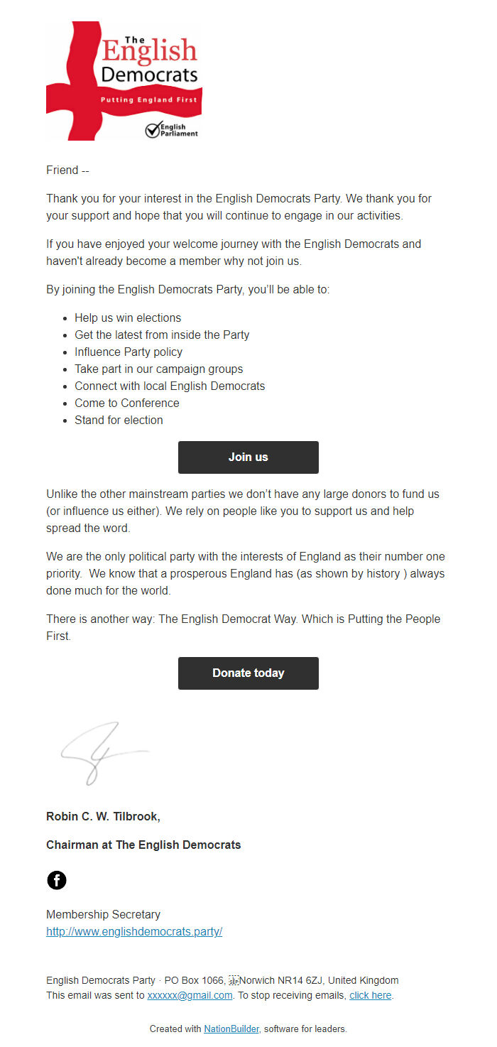 Screenshot of the email generated on import