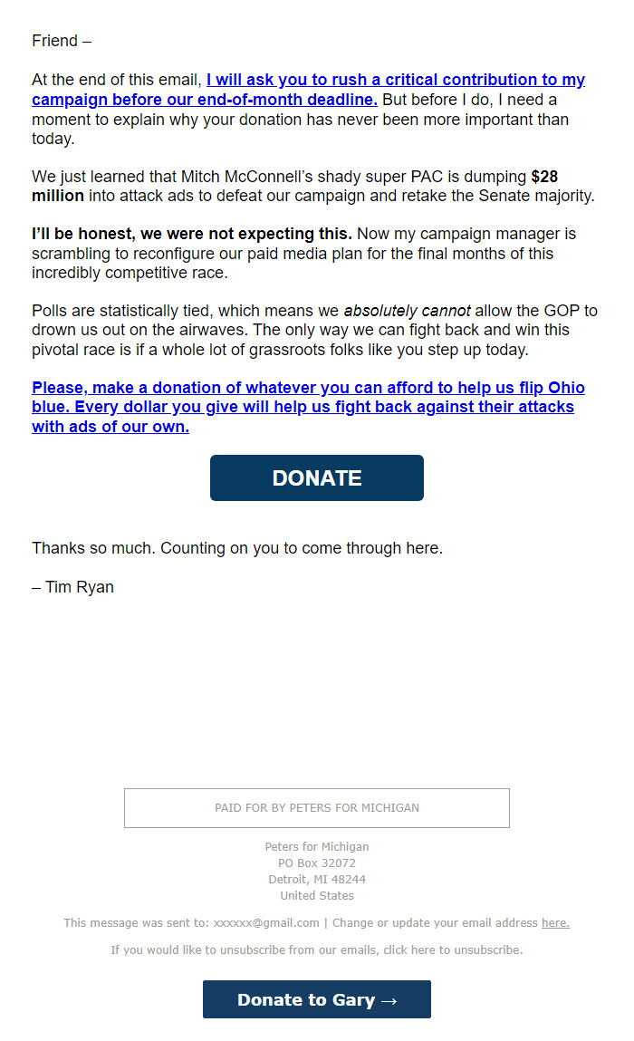 Screenshot of the email generated on import