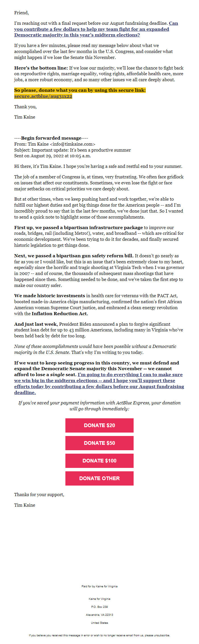 Screenshot of the email generated on import