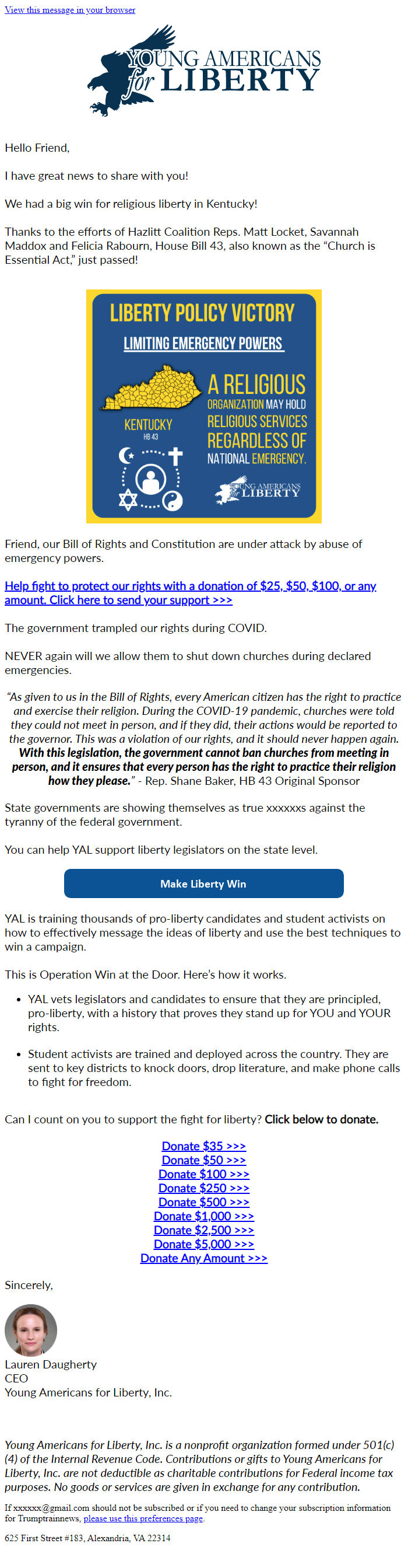 Screenshot of the email generated on import