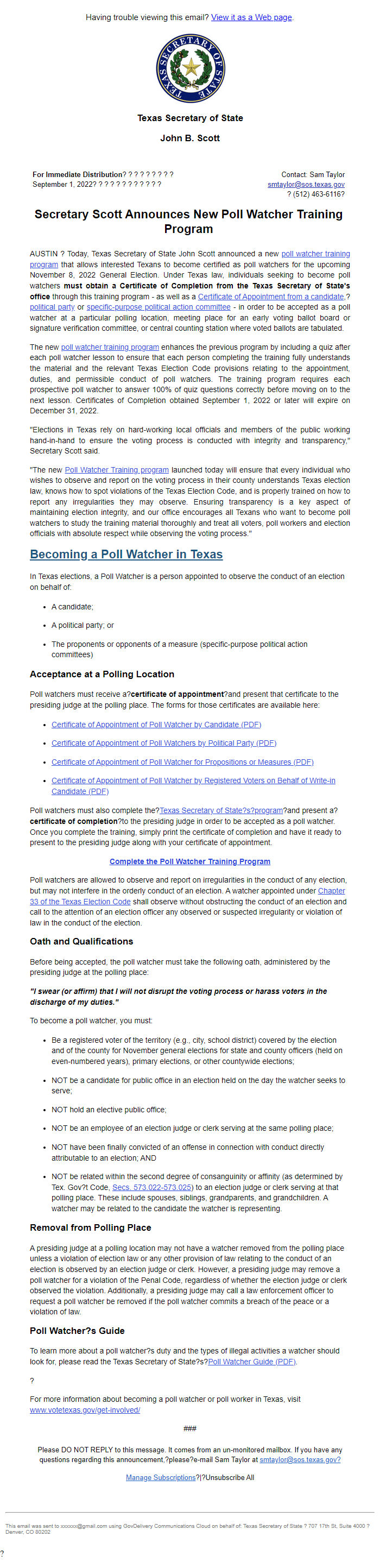 Screenshot of the email generated on import