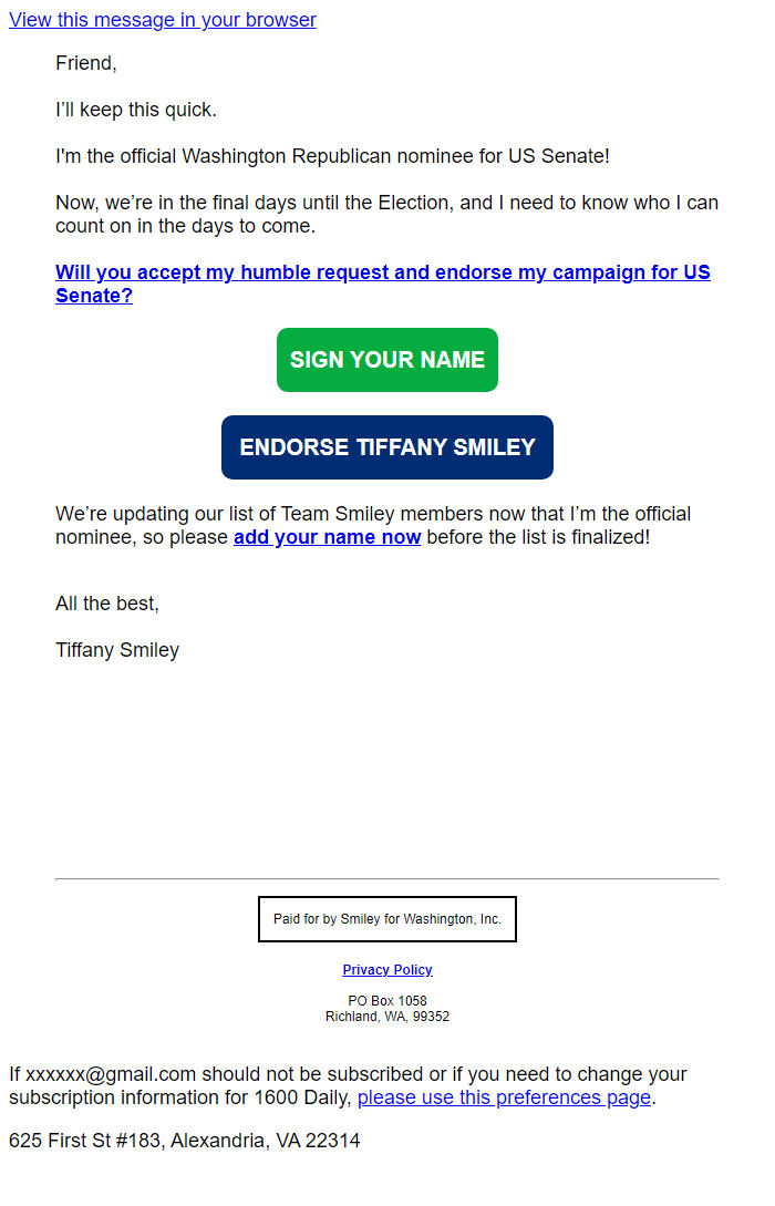 Screenshot of the email generated on import