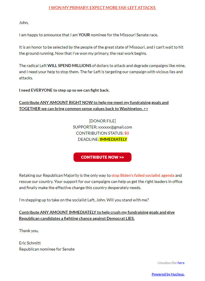 Screenshot of the email generated on import
