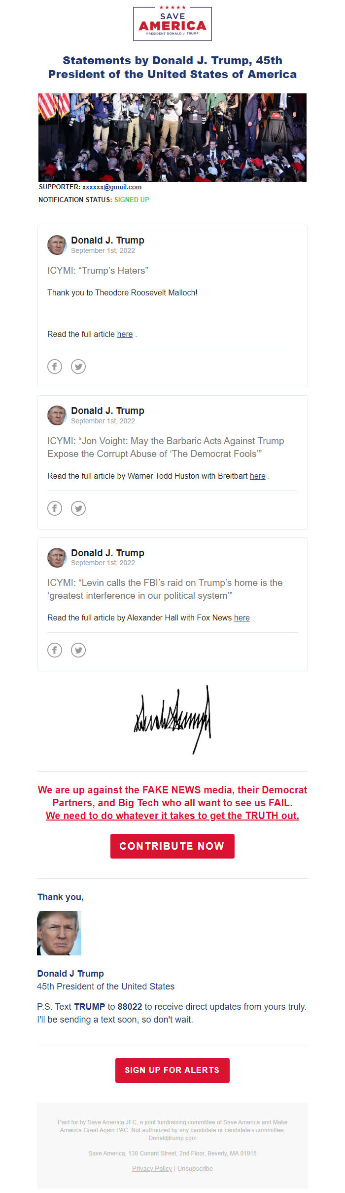 Screenshot of the email generated on import