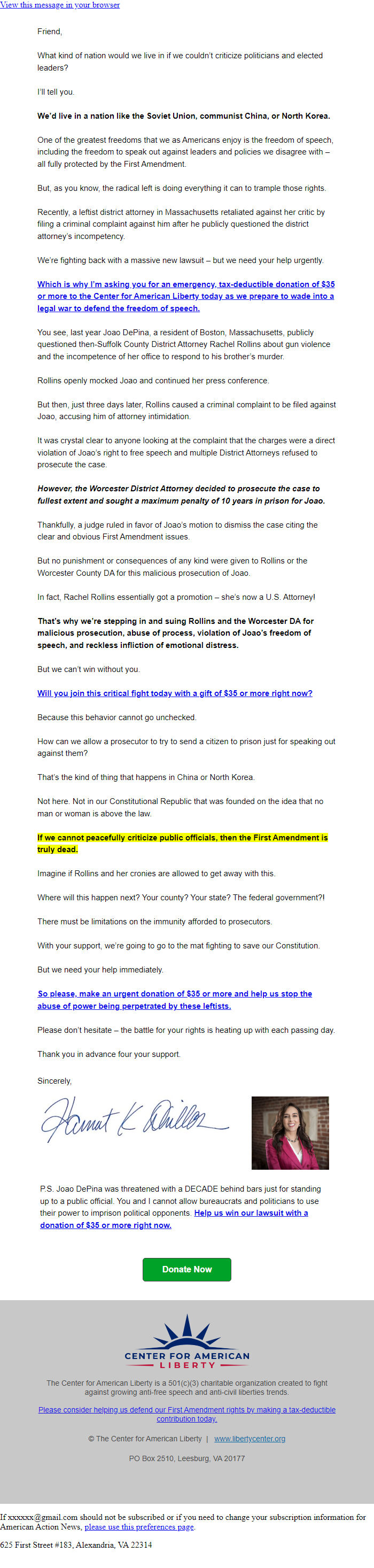 Screenshot of the email generated on import