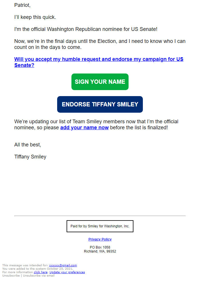 Screenshot of the email generated on import