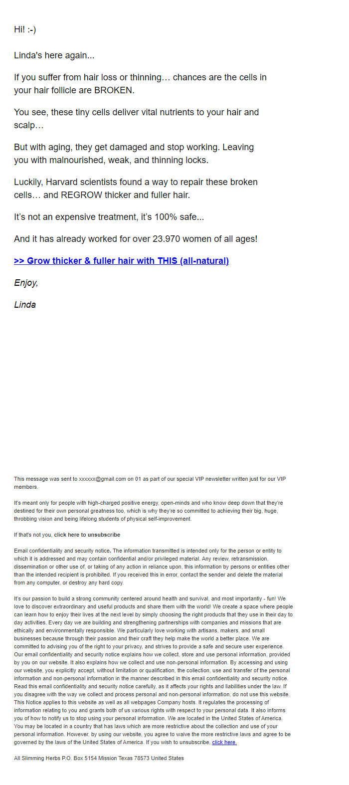 Screenshot of the email generated on import