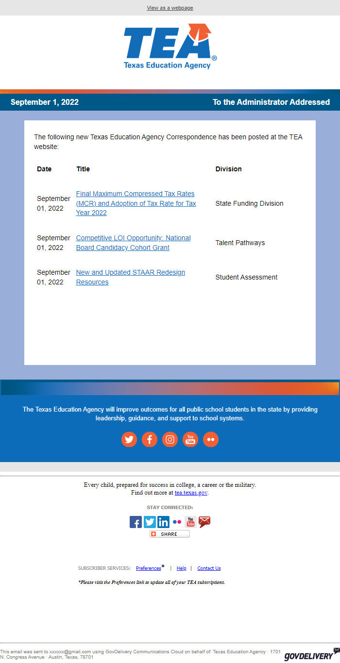 Screenshot of the email generated on import