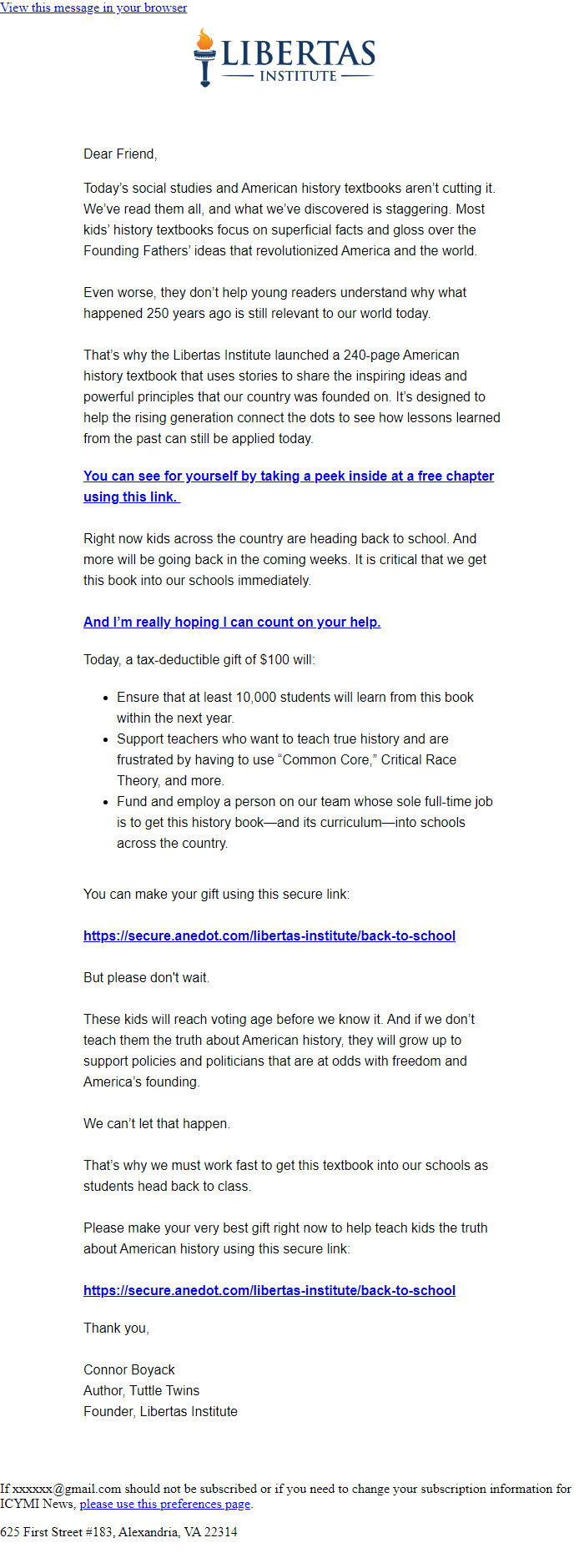 Screenshot of the email generated on import