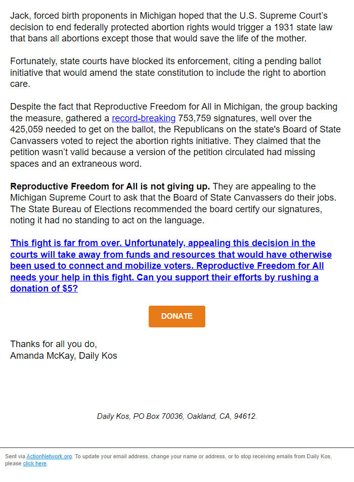 Screenshot of the email generated on import
