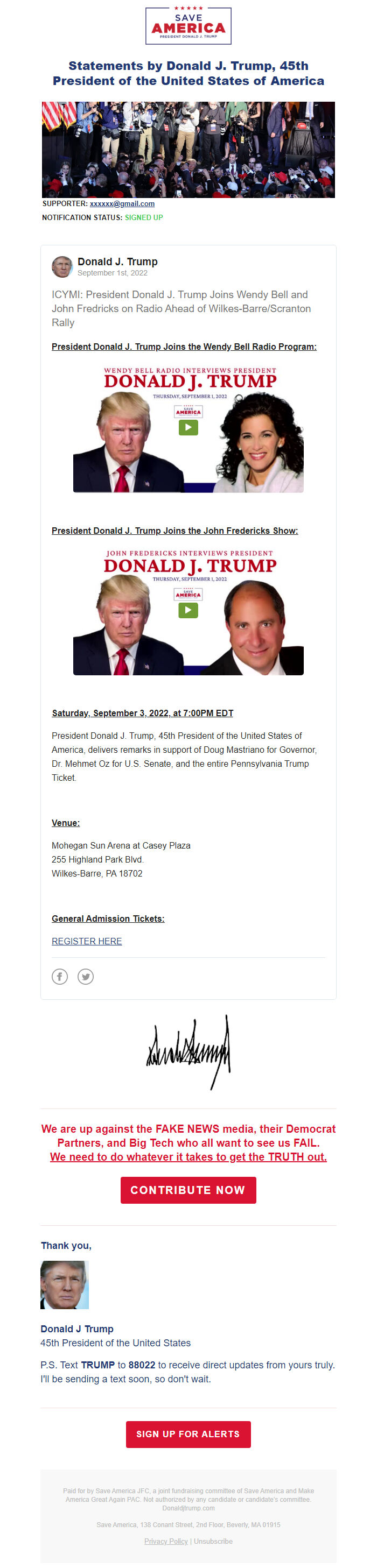 Screenshot of the email generated on import