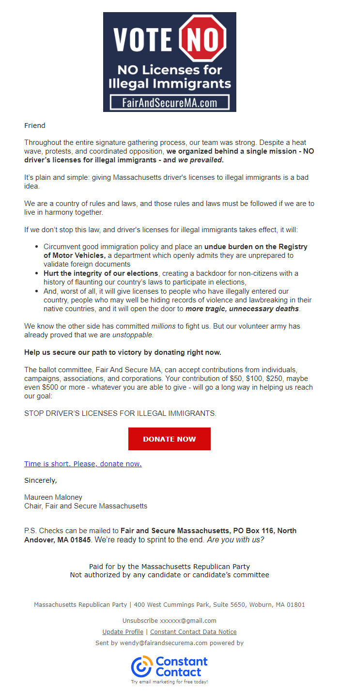 Screenshot of the email generated on import