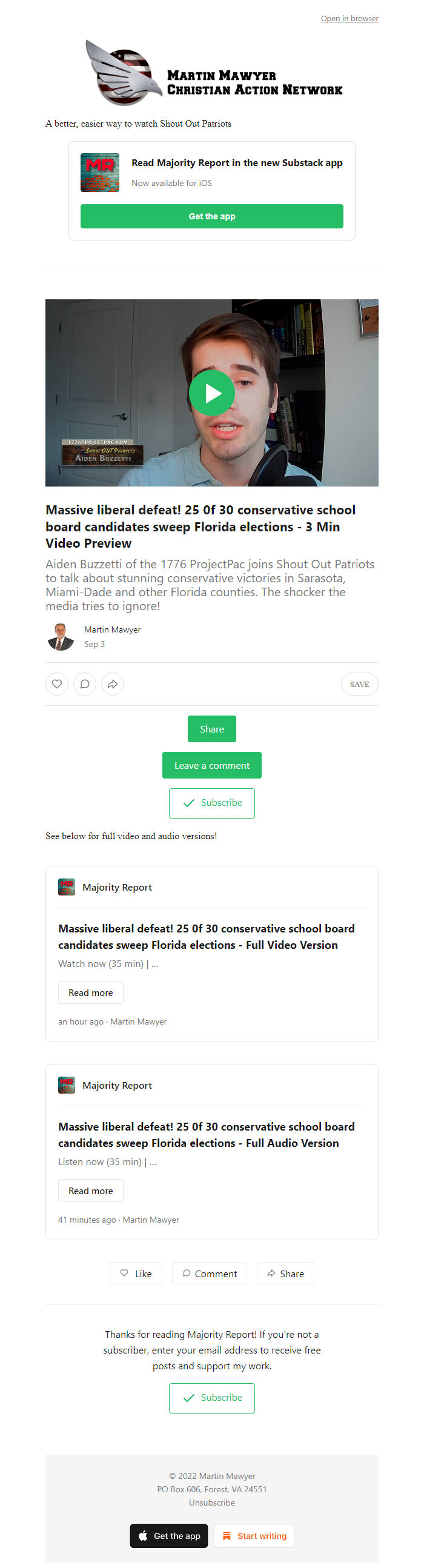 Screenshot of the email generated on import