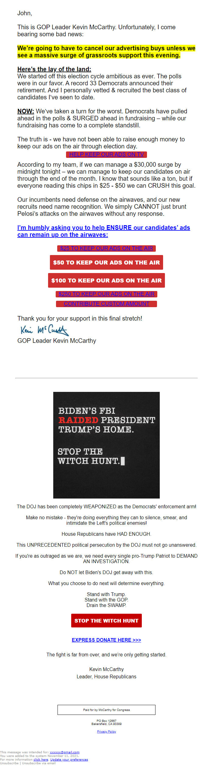Screenshot of the email generated on import
