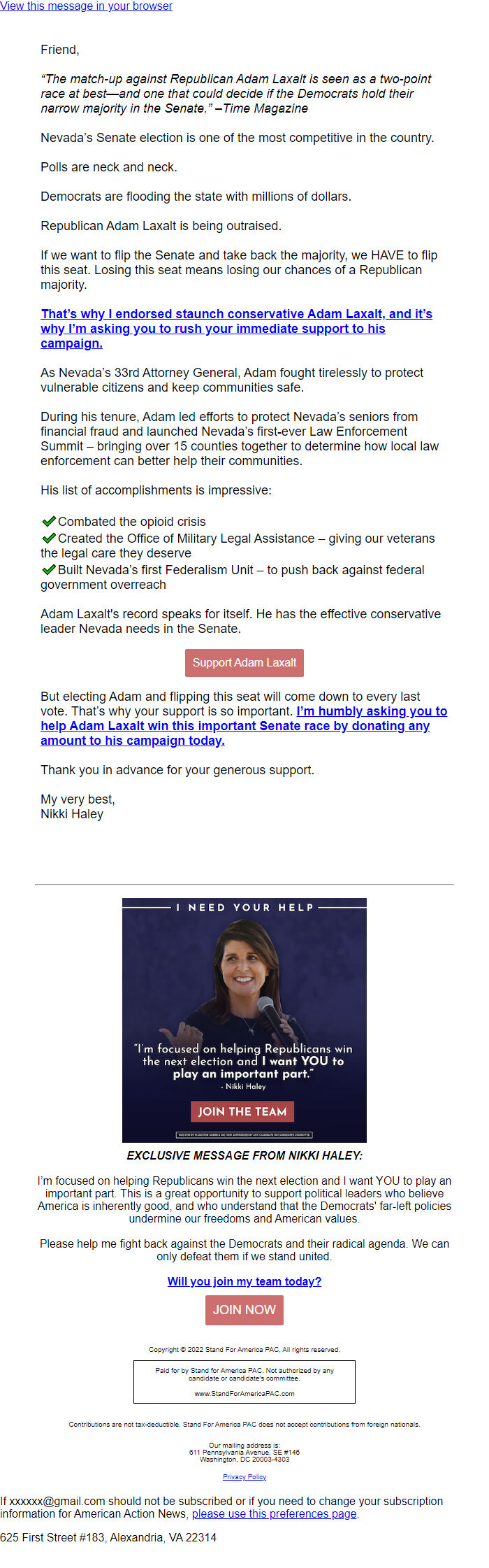 Screenshot of the email generated on import