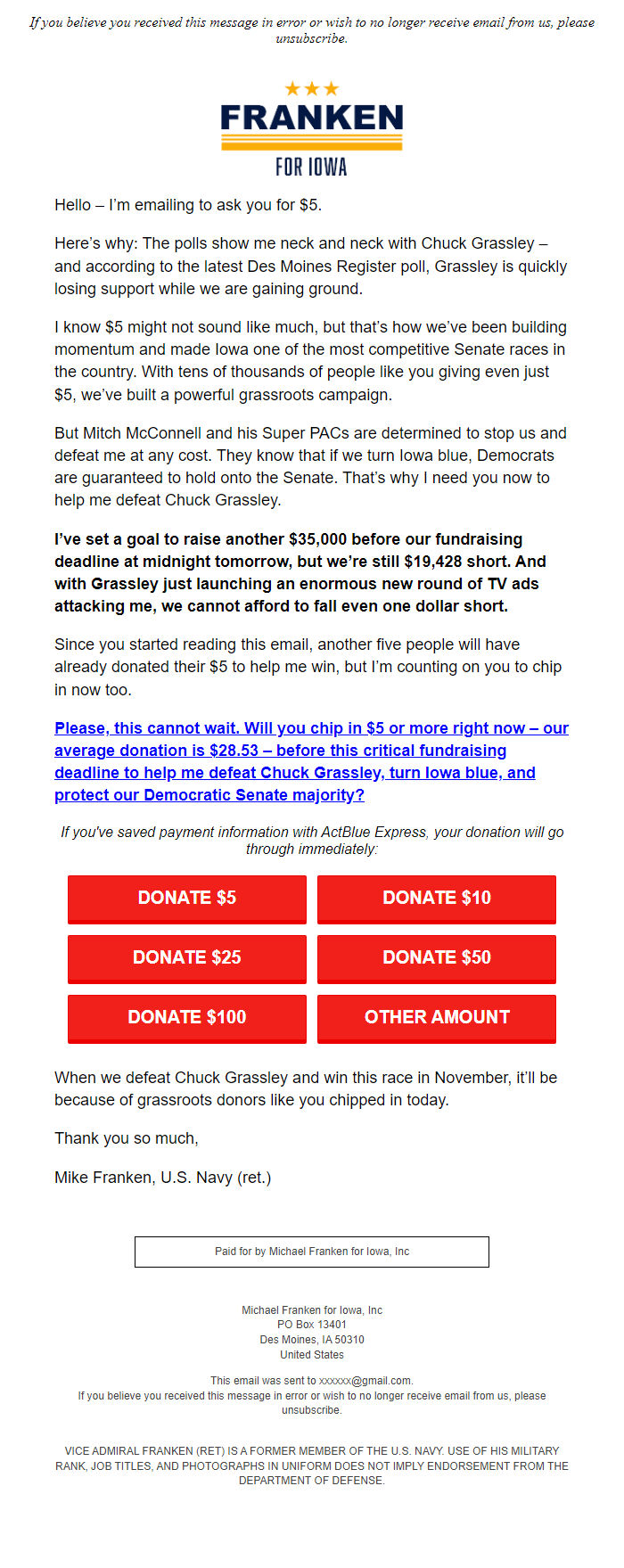 Screenshot of the email generated on import