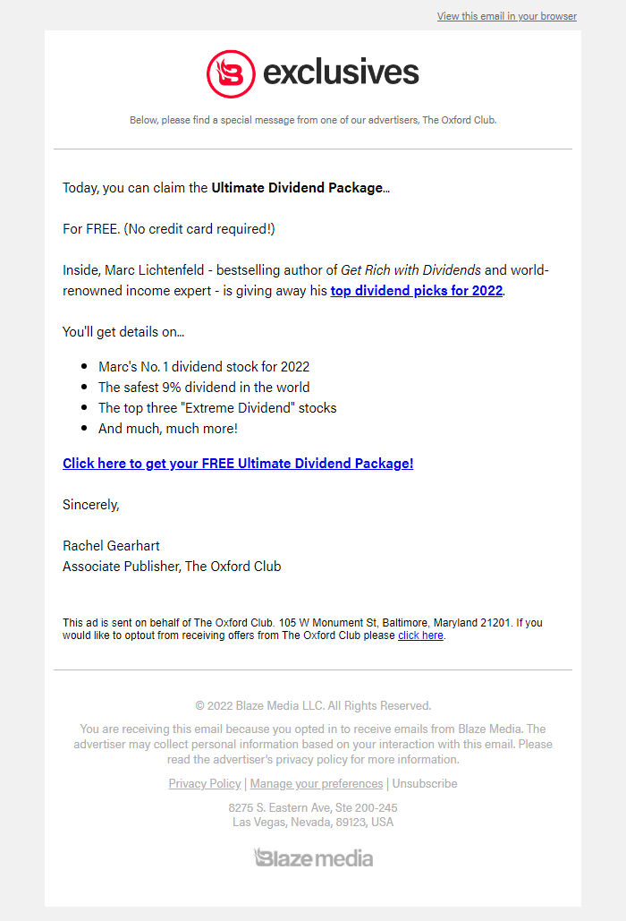 Screenshot of the email generated on import
