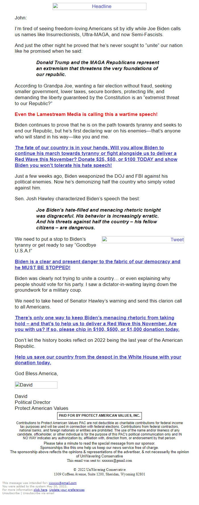 Screenshot of the email generated on import