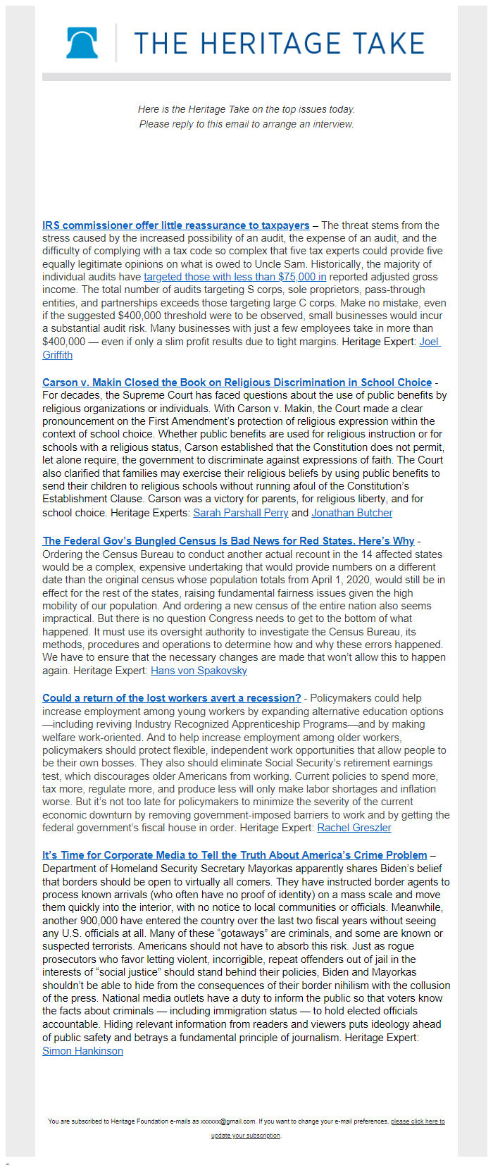 Screenshot of the email generated on import