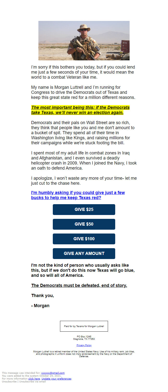 Screenshot of the email generated on import