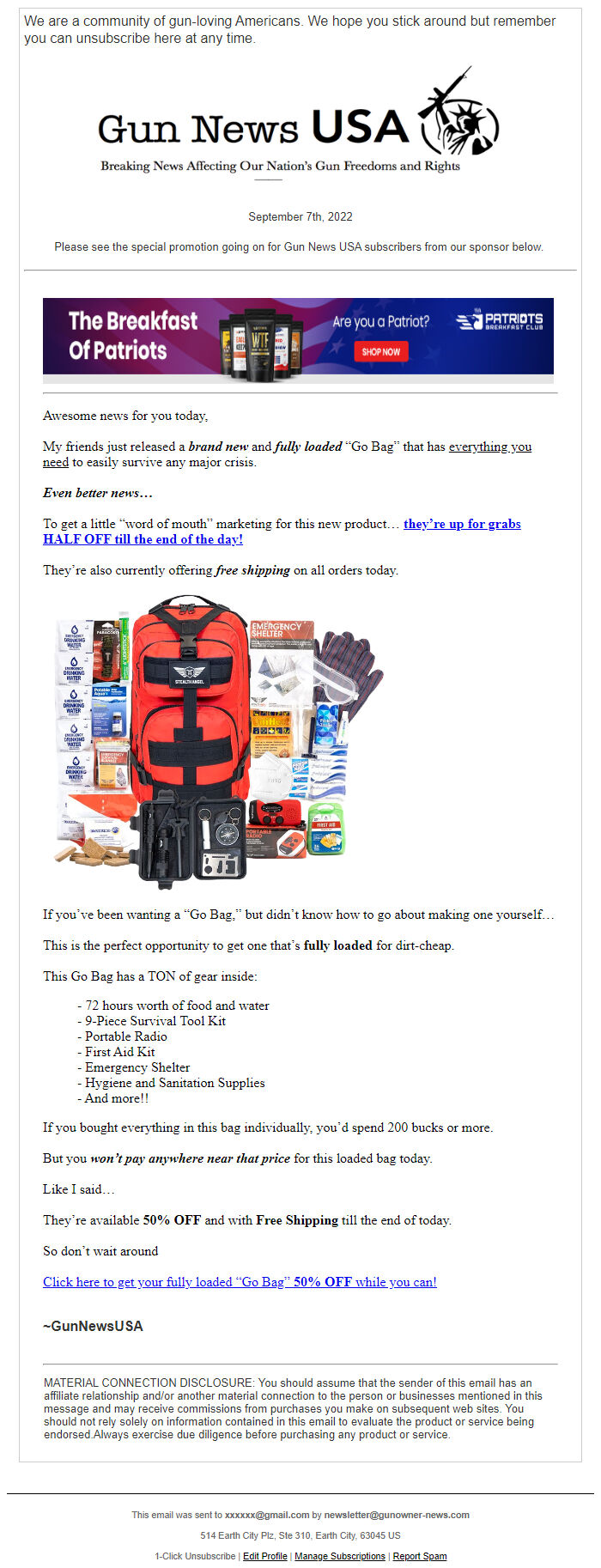 Screenshot of the email generated on import