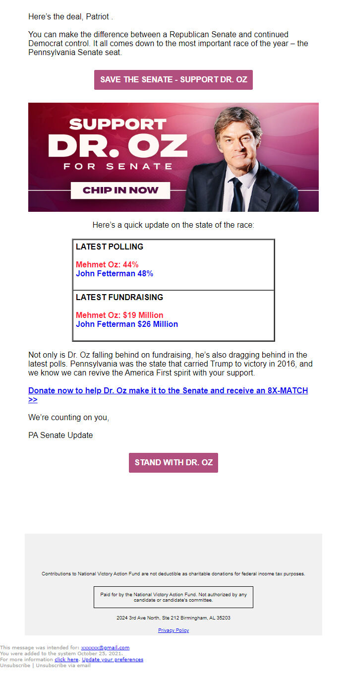 Screenshot of the email generated on import