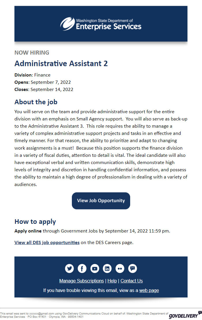 Screenshot of the email generated on import