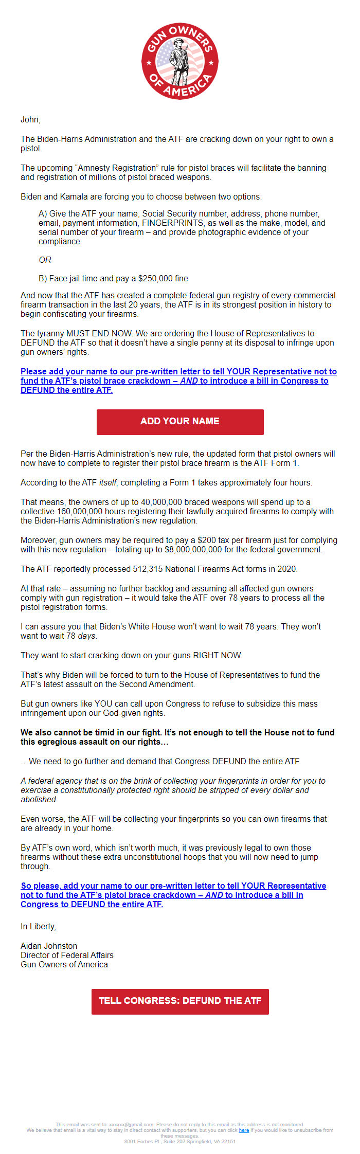 Screenshot of the email generated on import