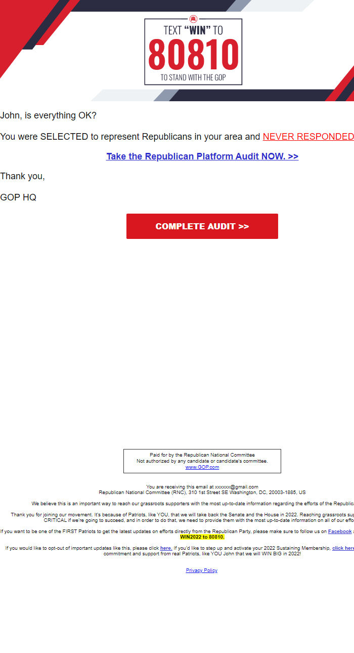 Screenshot of the email generated on import