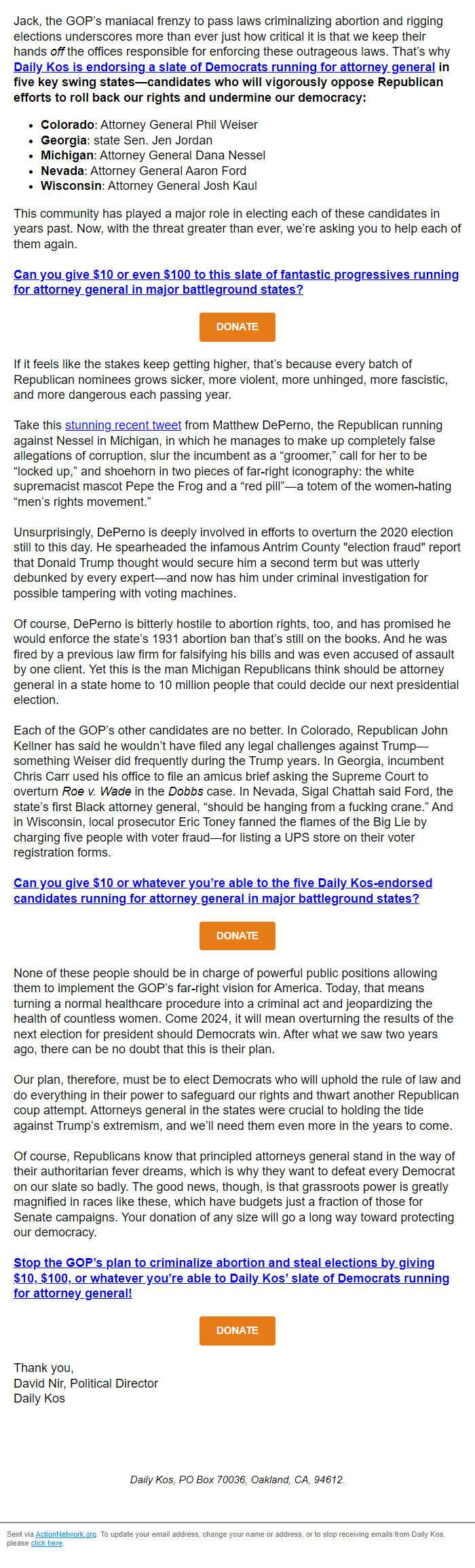 Screenshot of the email generated on import
