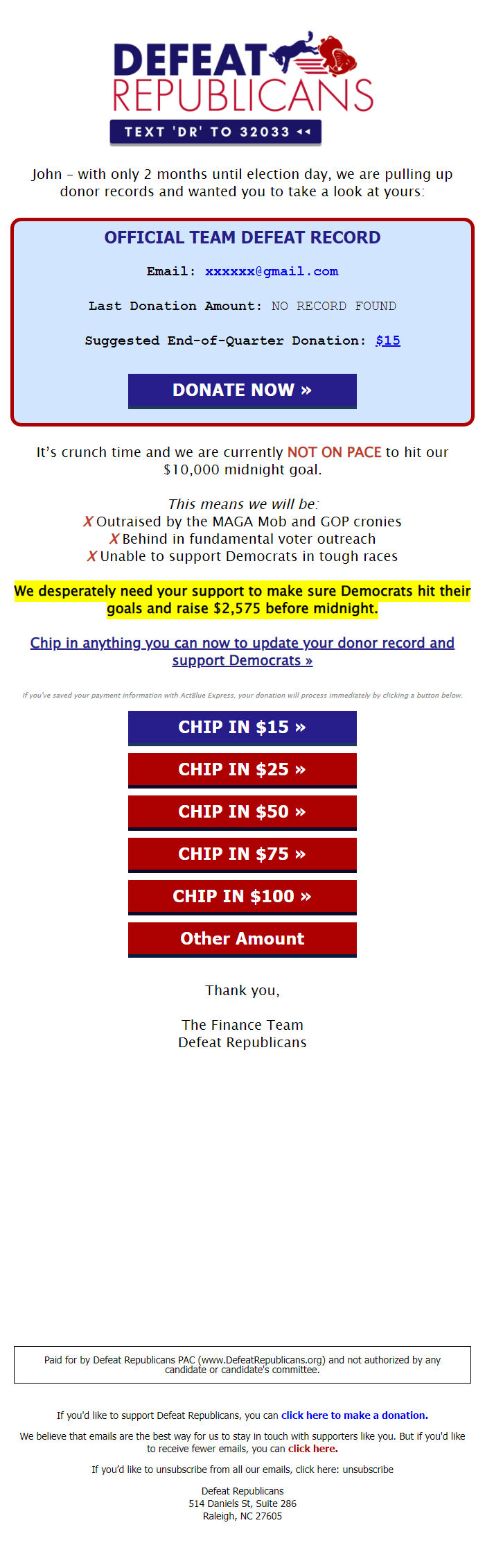 Screenshot of the email generated on import