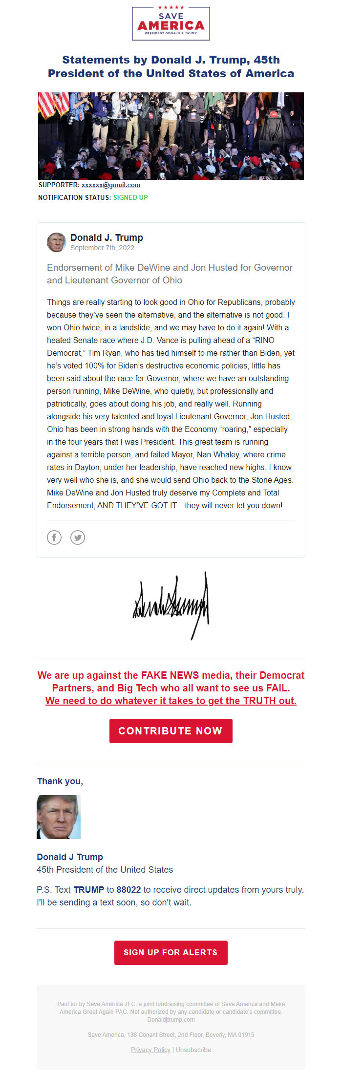 Screenshot of the email generated on import