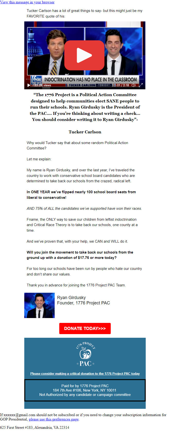 Screenshot of the email generated on import