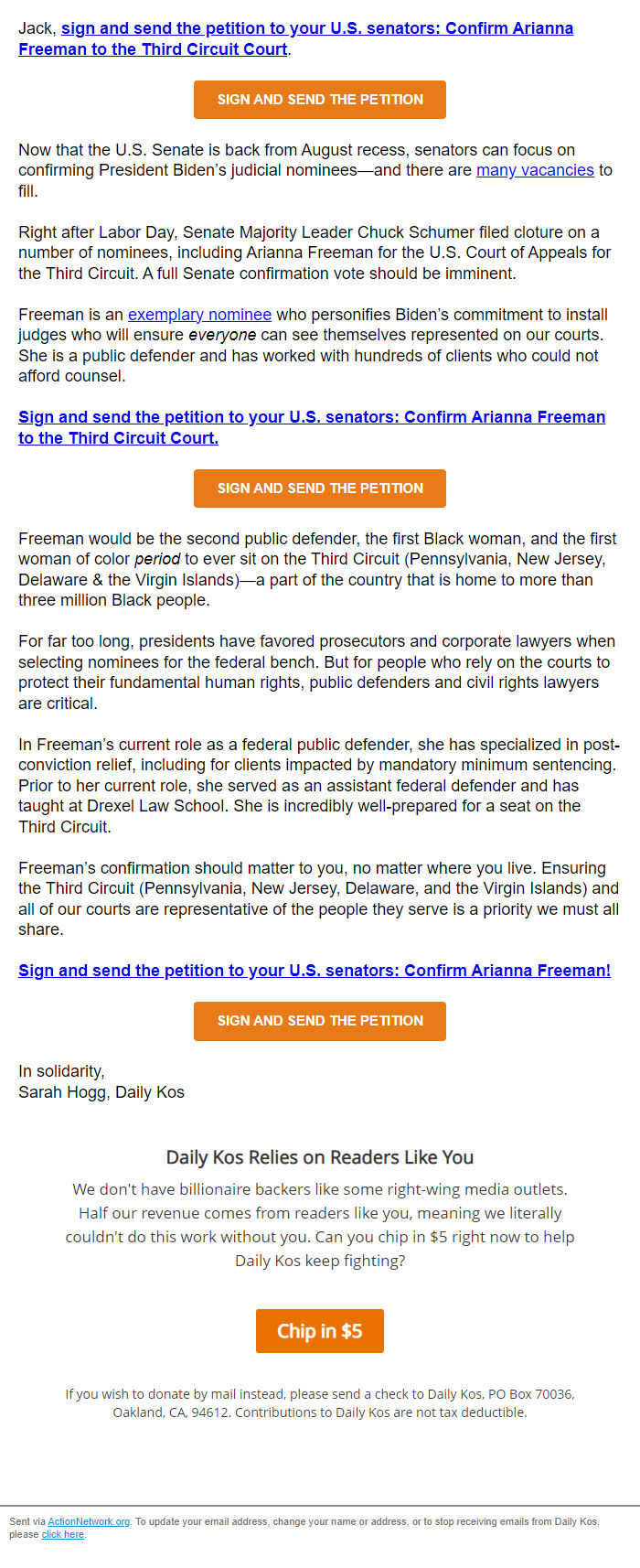 Screenshot of the email generated on import