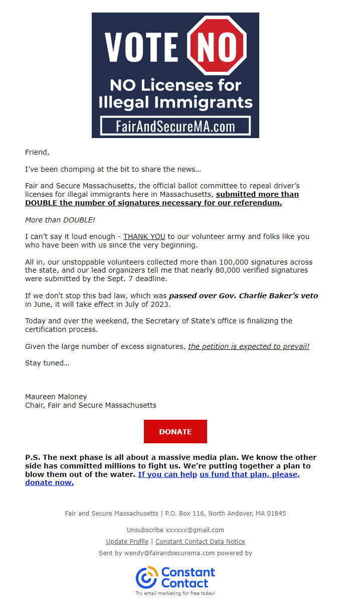 Screenshot of the email generated on import