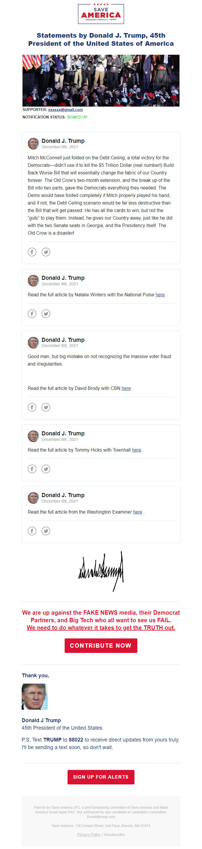 Screenshot of the email generated on import