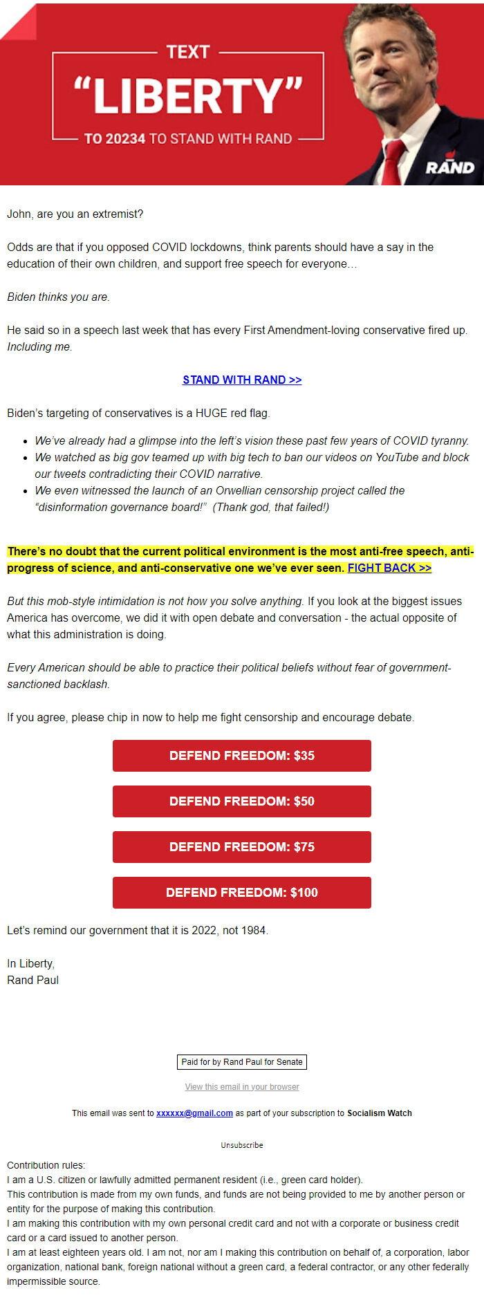 Screenshot of the email generated on import