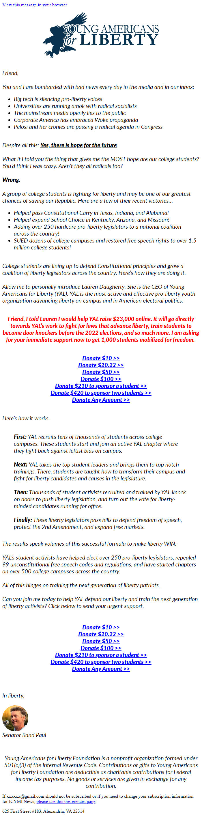 Screenshot of the email generated on import