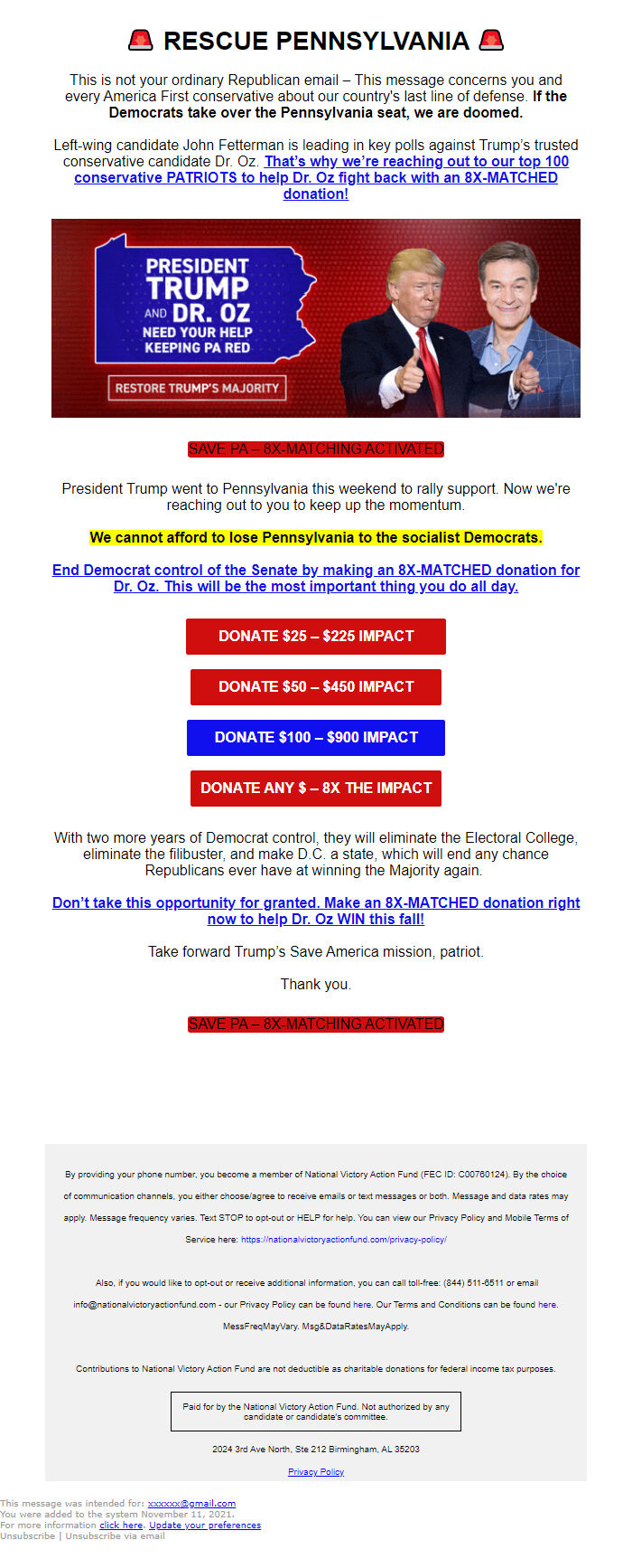 Screenshot of the email generated on import