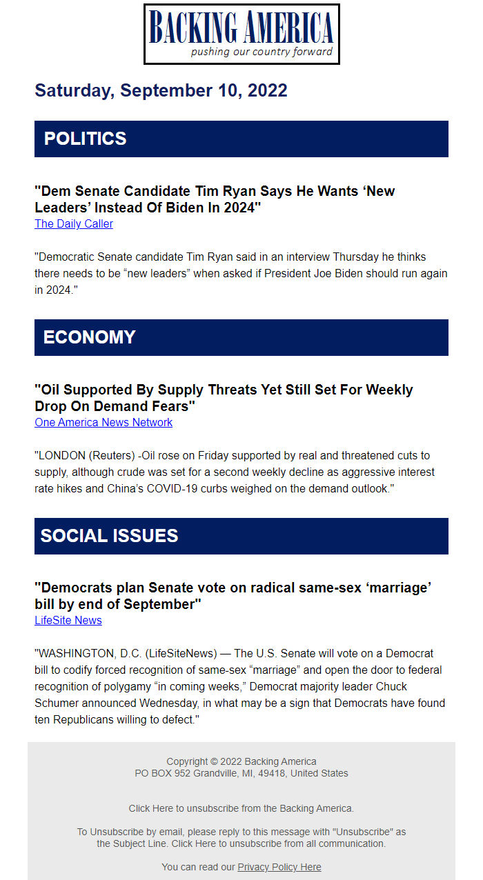 Screenshot of the email generated on import