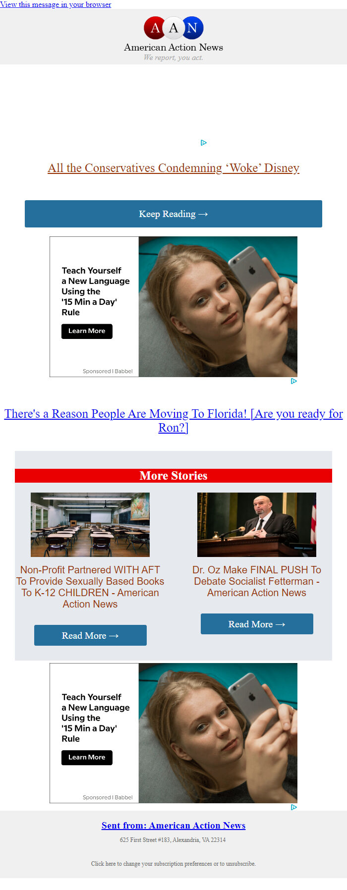 Screenshot of the email generated on import