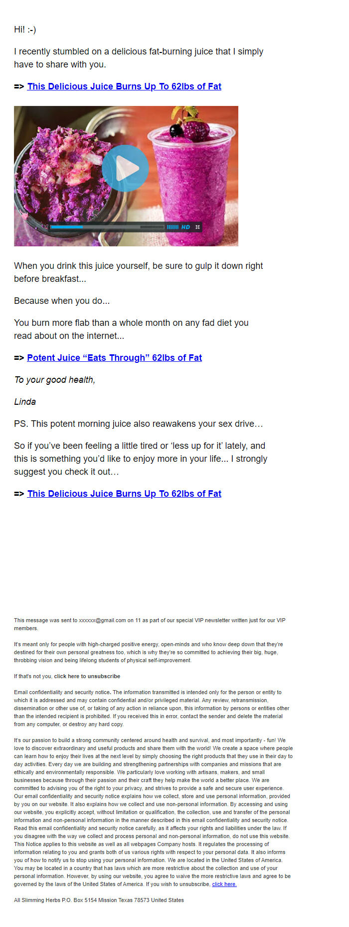 Screenshot of the email generated on import