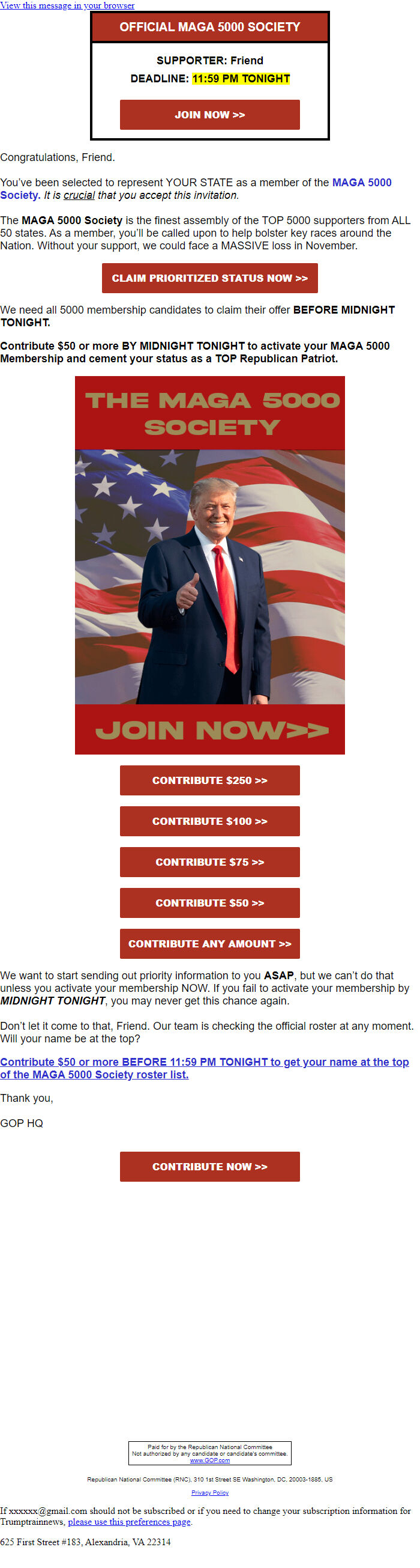 Screenshot of the email generated on import