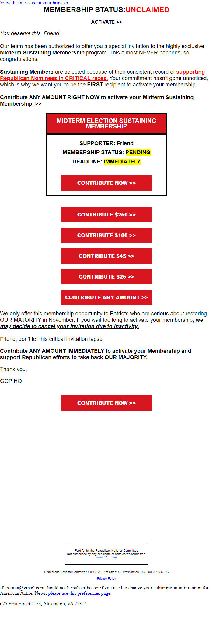 Screenshot of the email generated on import