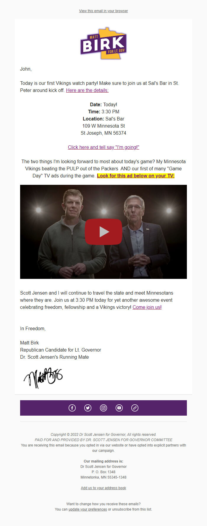 Screenshot of the email generated on import